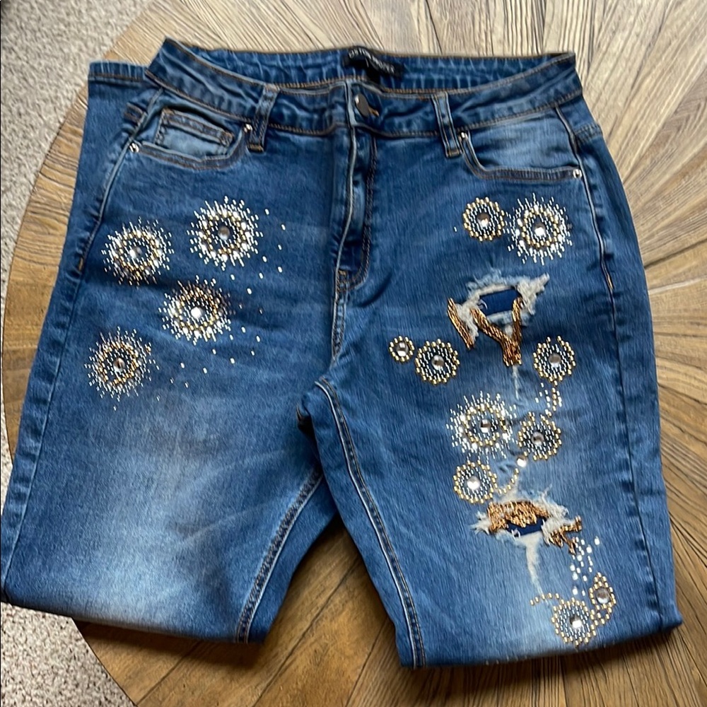 Boston Proper Blue Straight Leg Jeans with Silver Accents